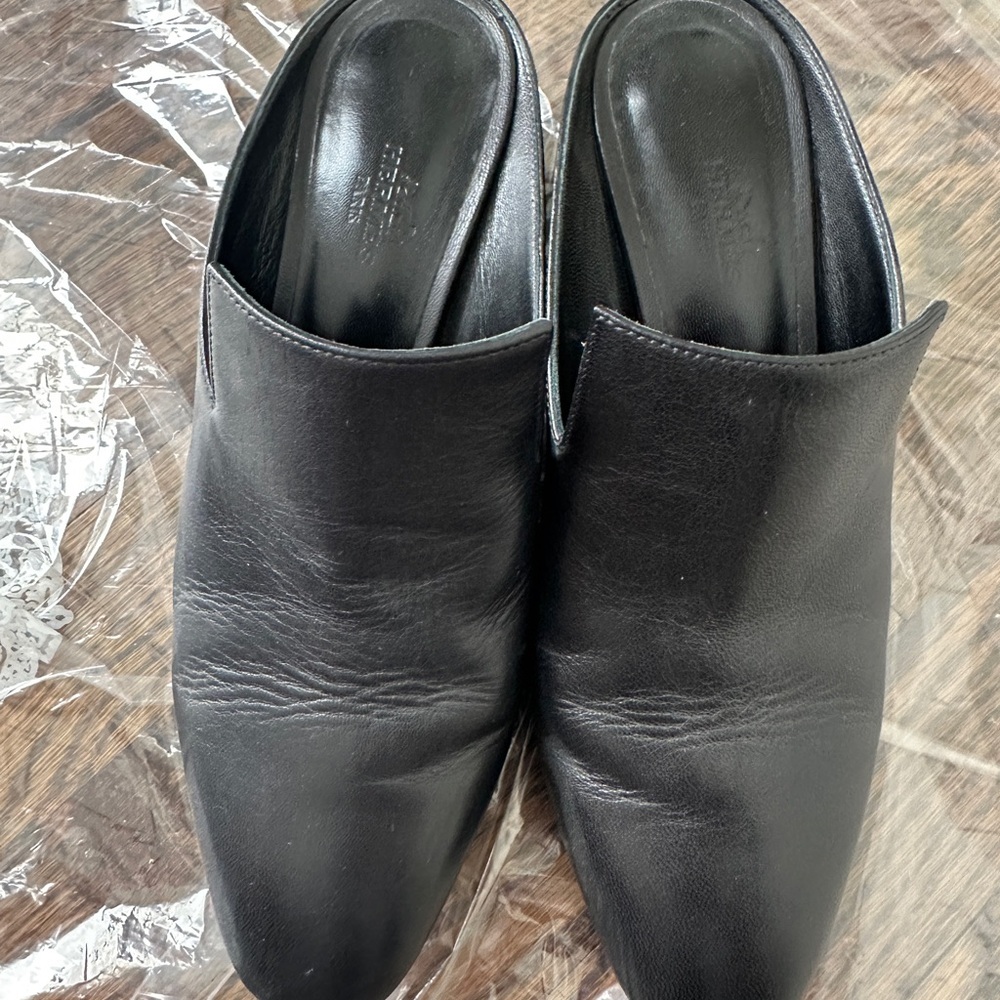 Hermes Black Leather Mules